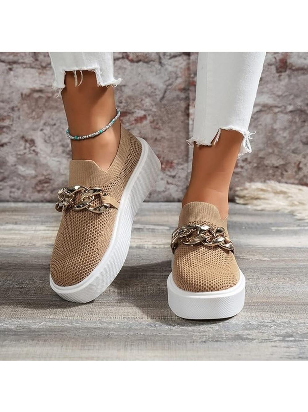Sneakers Trendy Mesh Loafers Breathable Slip on Shoes Brown Size 8.5US